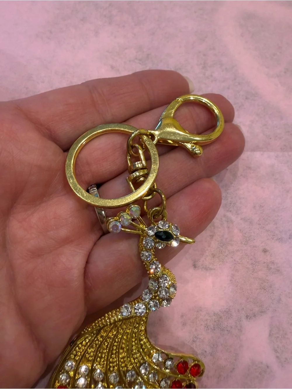 Peacock Keychain Charm with Red Crystal Accents in gold tone nwot